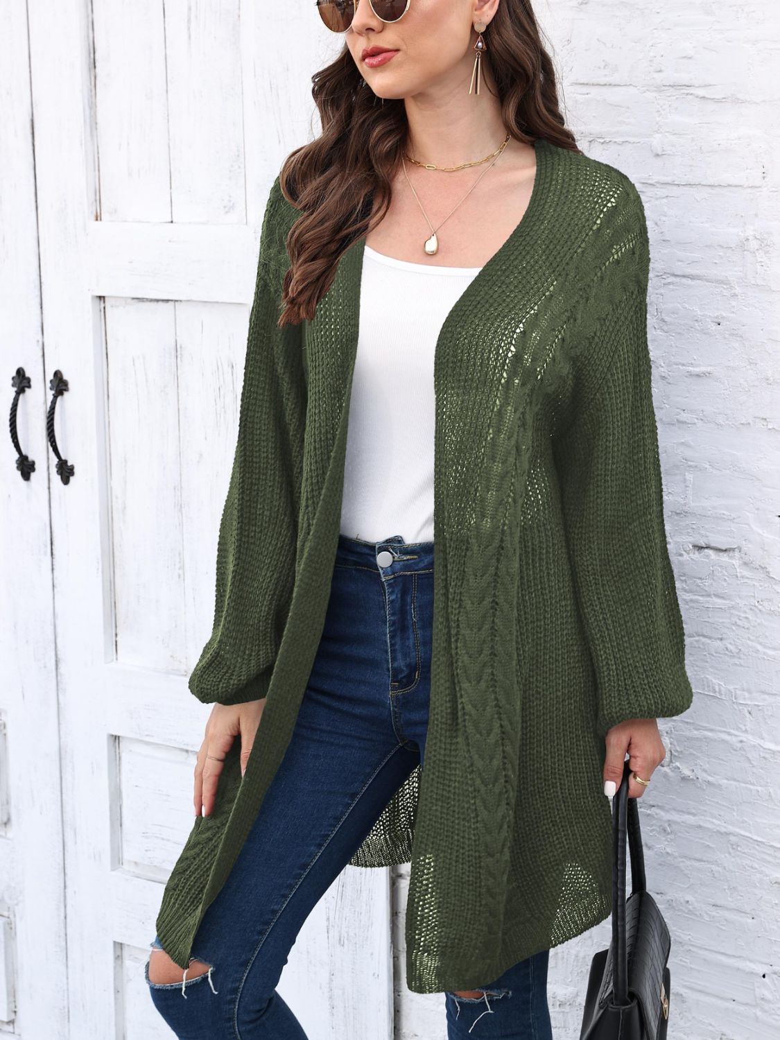 Cable-Knit Open Front Long Sleeve Cardigan