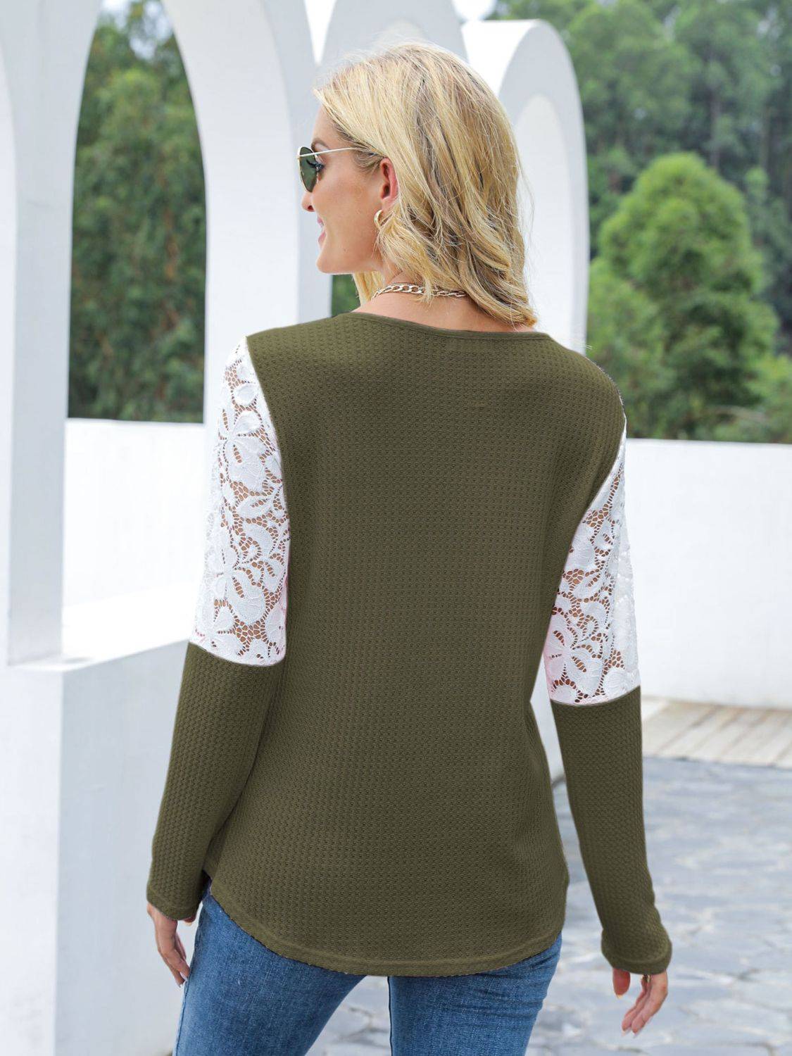 Back view of green lace round neck long sleeve t-shirt