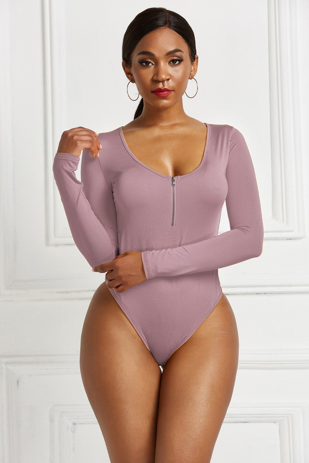 Half Zip Scoop Neck Long Sleeve Bodysuit