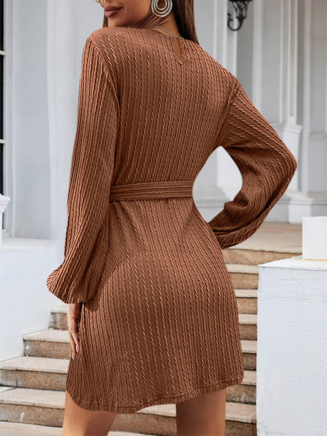 Round Neck Tie Front Long Sleeve Dress