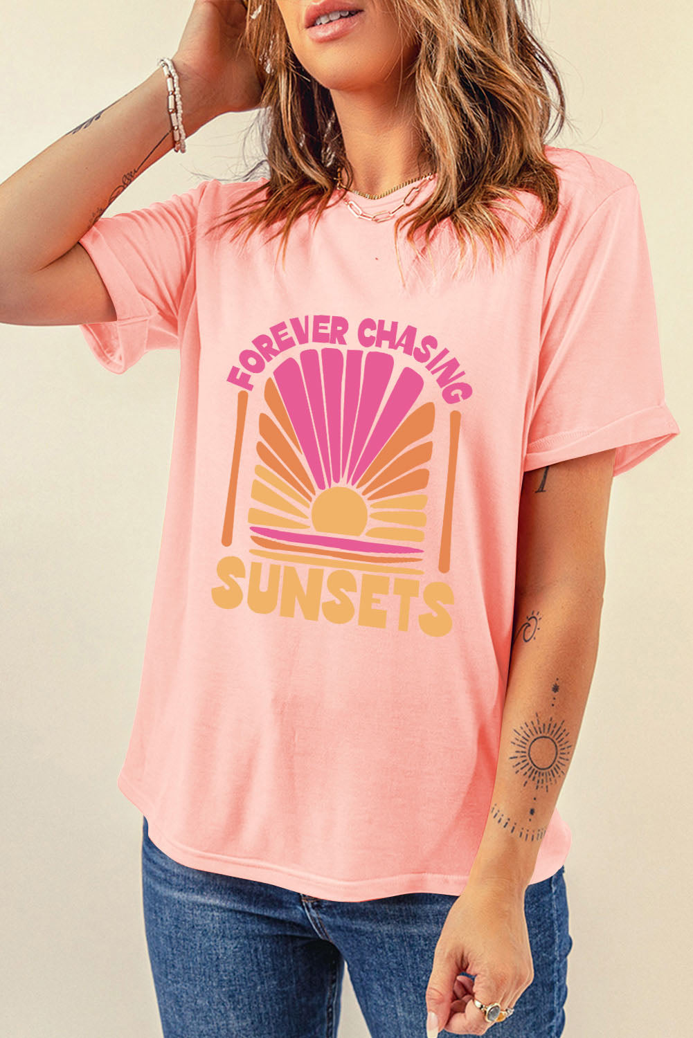 Pink round neck t-shirt with &