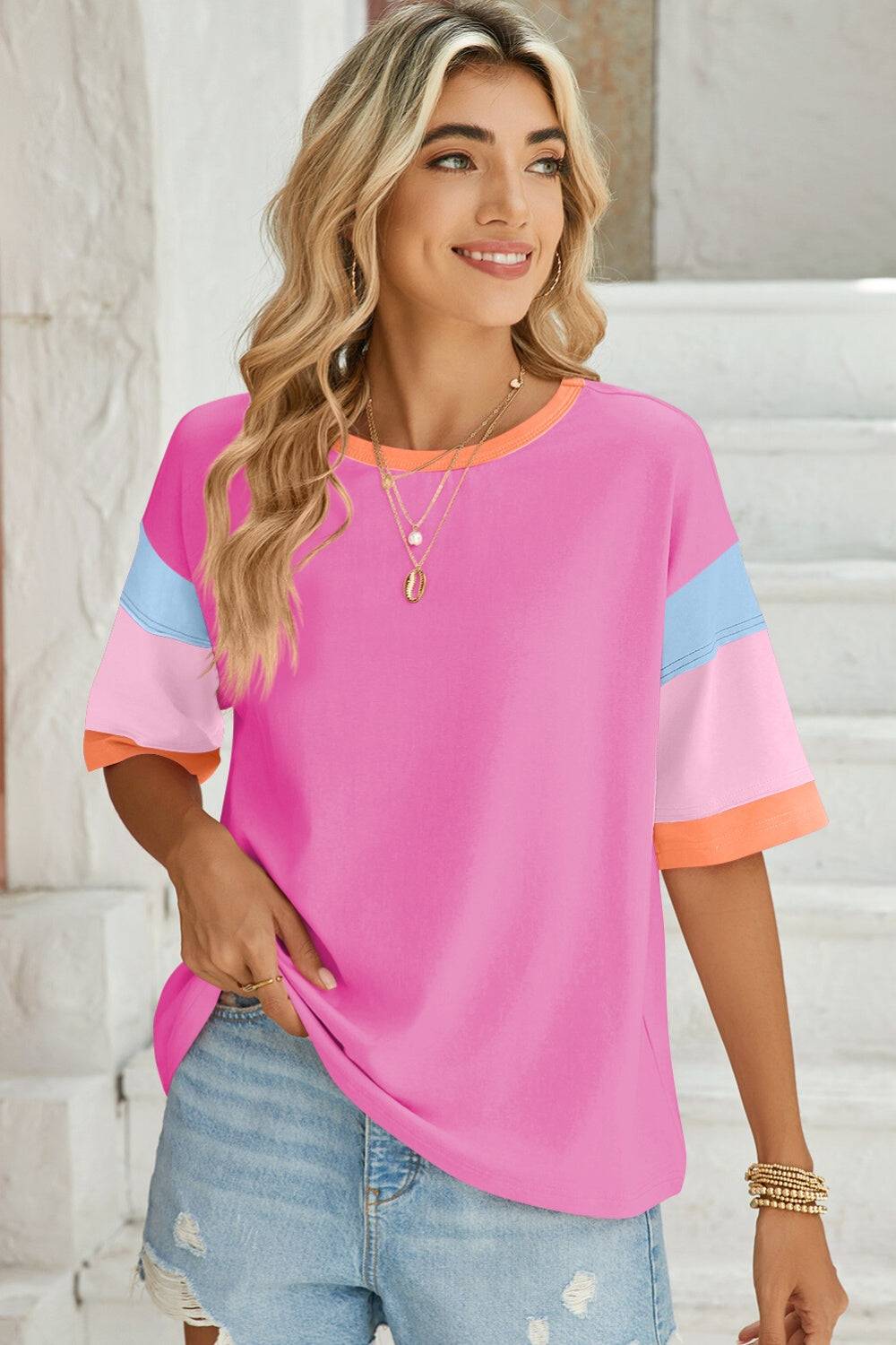 Pink color block round neck half sleeve t-shirt