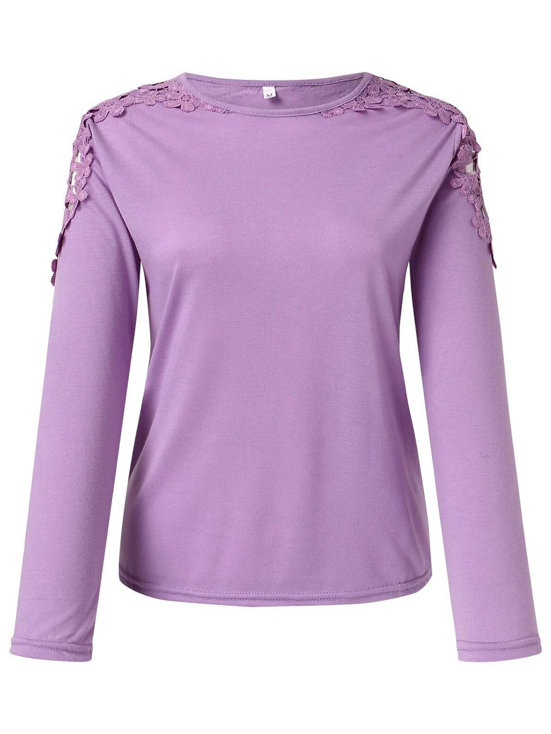 Front view of purple cutout round neck long sleeve t-shirt