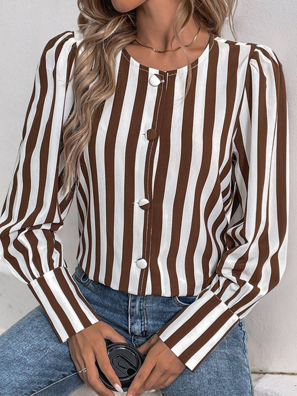 Perfee Striped Round Neck Long Sleeve Blouse