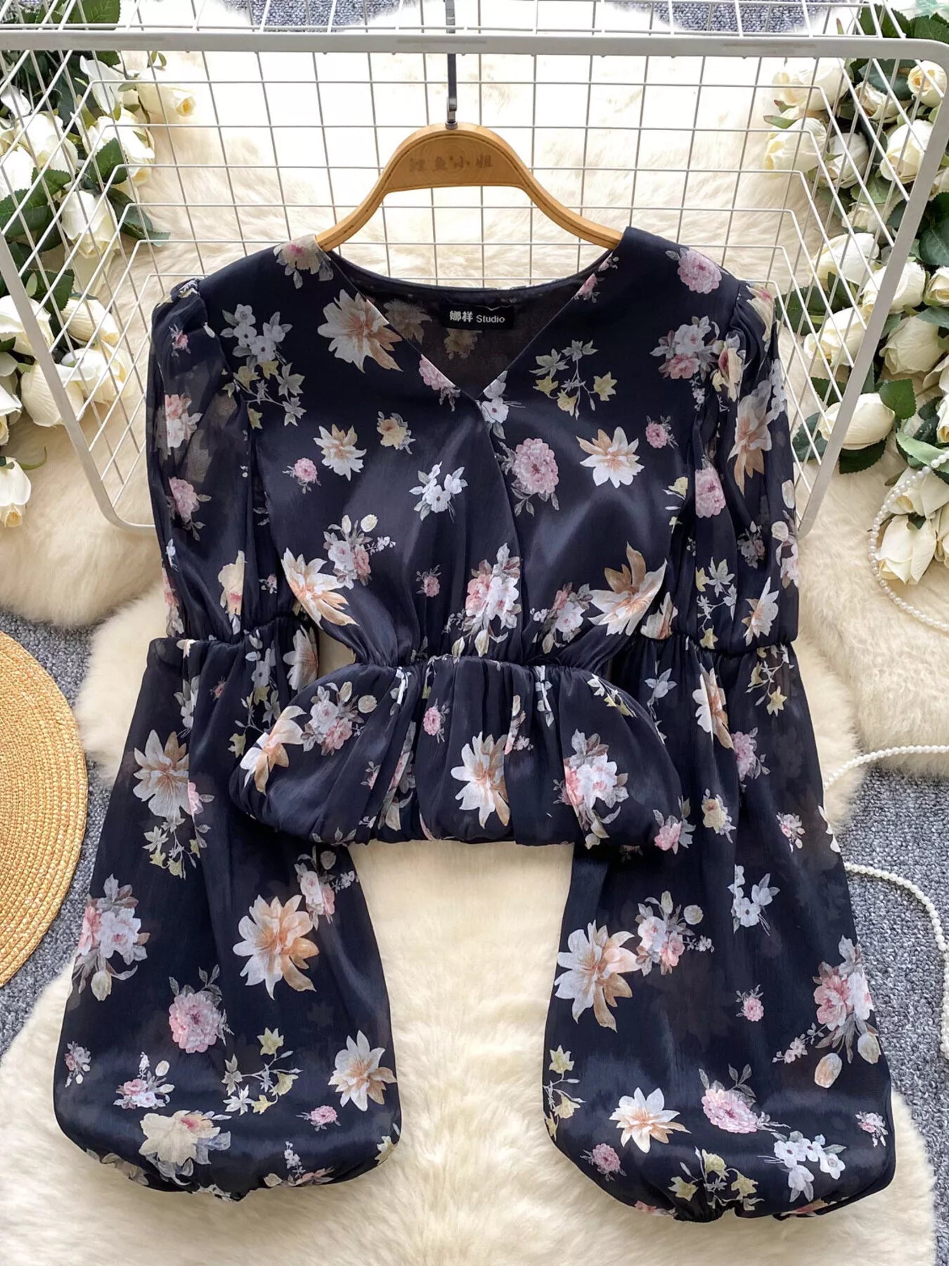 Floral Print Chiffon Balloon Sleeve Blouse