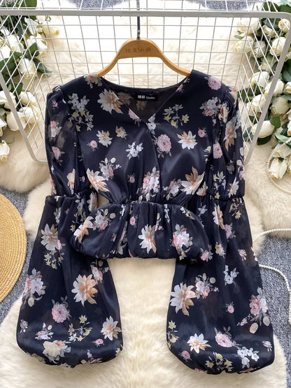 Floral Print Chiffon Balloon Sleeve Blouse