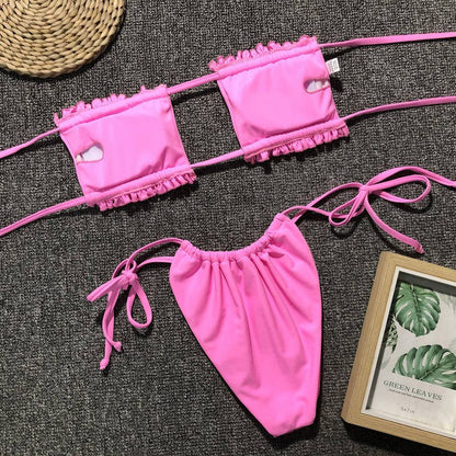 Pink frill trim ruched bikini set flat lay