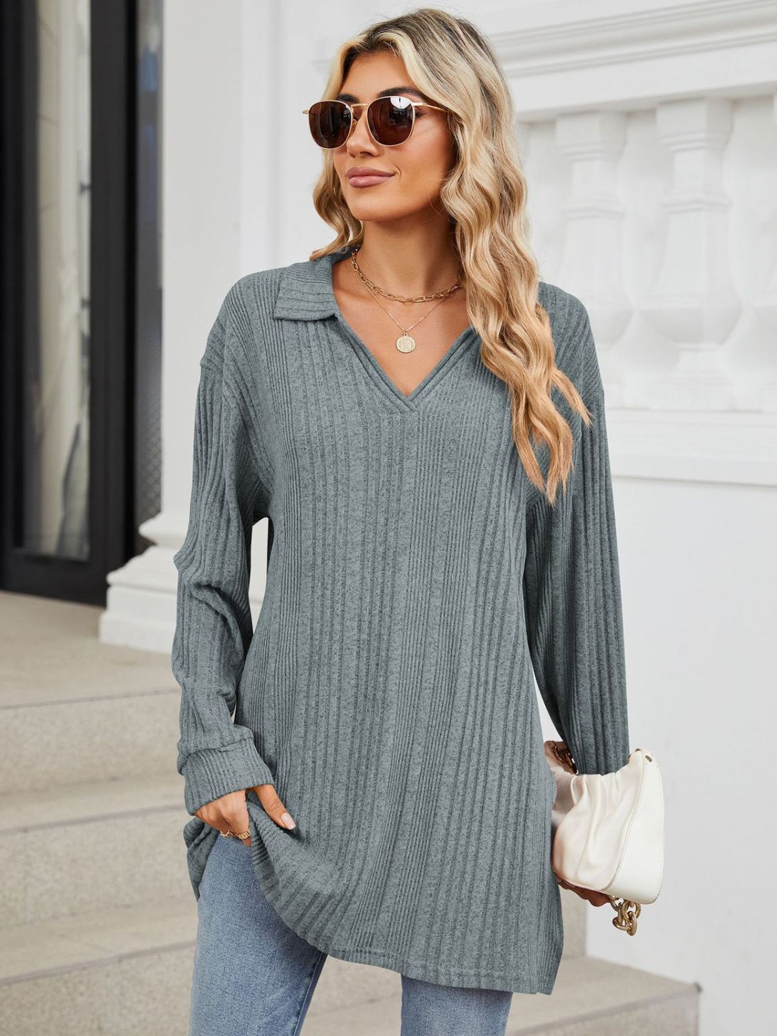 Slit Johnny Collar Long Sleeve T-Shirt