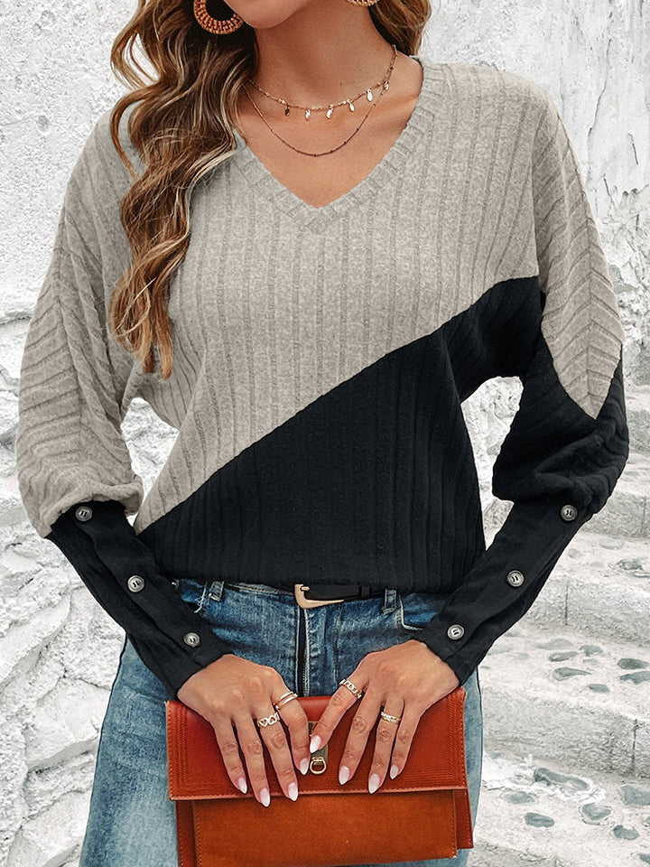 Contrast Buttoned V-Neck Blouse