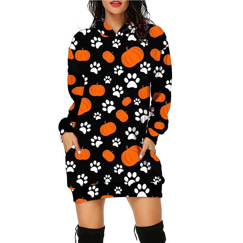 Halloween print mid-length pocket hooded long-sleeved sweatshirt