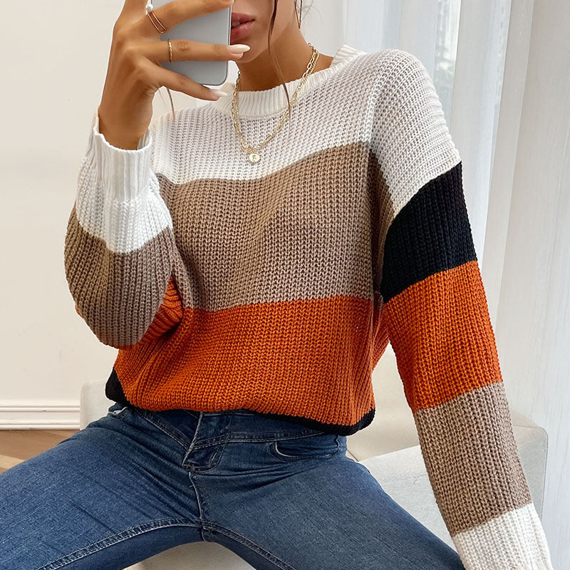 Neuer Lazy Style Colorblock Damenpullover mit Rundhalsausschnitt 