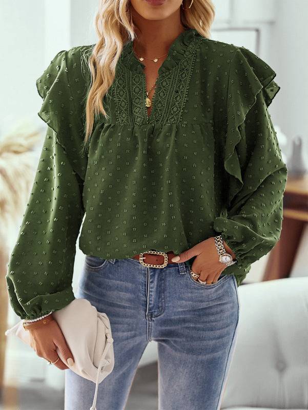 Green ruffled lantern sleeve lace panel shirt top