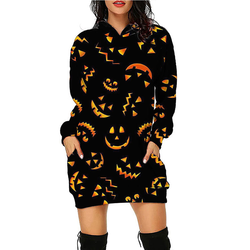 Mittellanges Langarm-Sweatshirt mit Halloween-Print, Kapuze und Tasche 