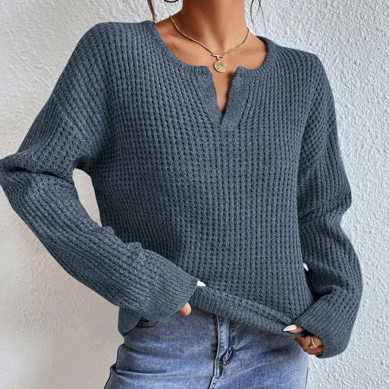 Pull ample à col en v pour femme, pull à manches longues 