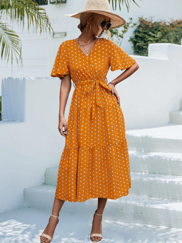 Robe midi à manches courtes et imprimé à pois pour femmes 