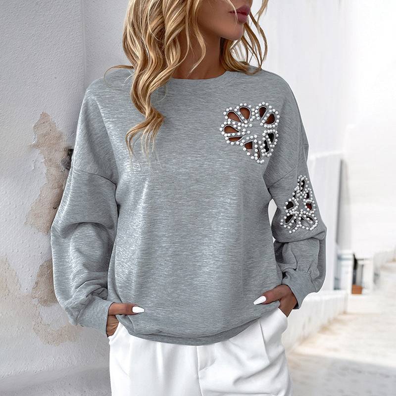 Beaded round neck loose casual hollow pullover sweatshirt