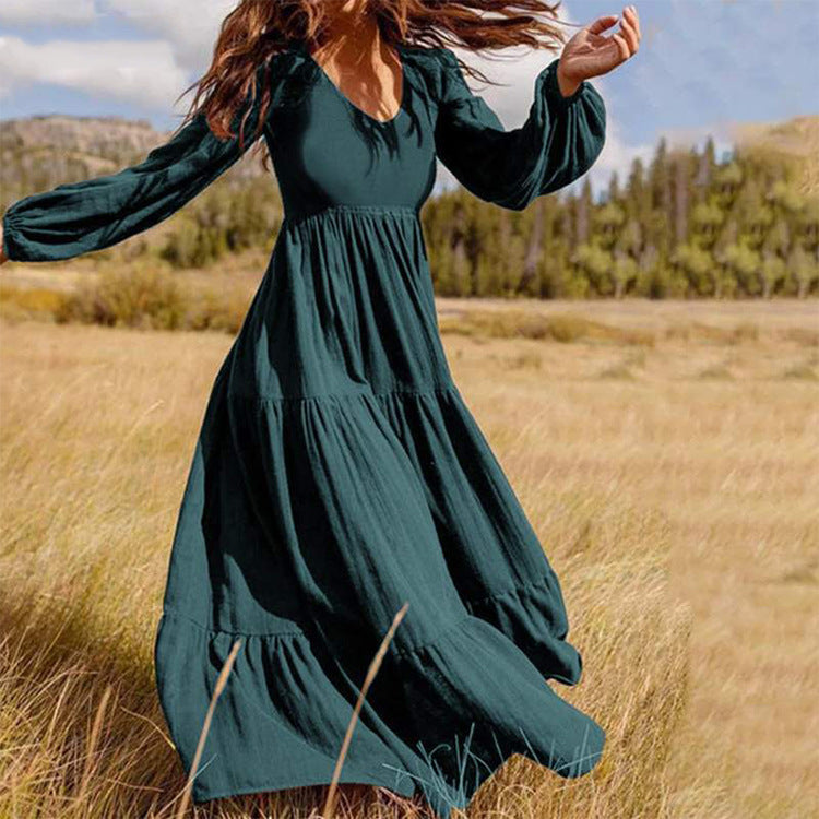 Robe élégante à manches longues de couleur unie pour femmes 