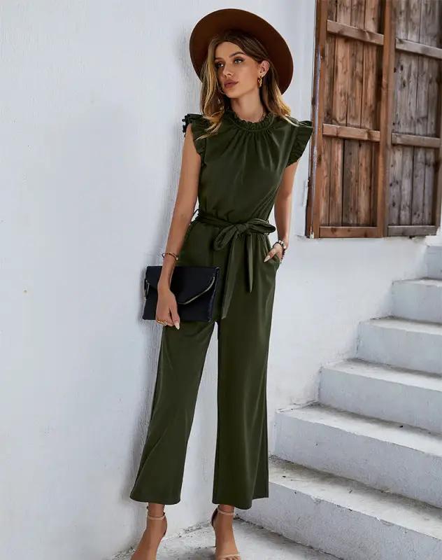 Olive green sleeveless belted jumpsuit with ruffle details