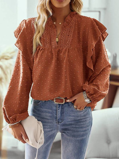 Rust ruffled lantern sleeve lace panel shirt top