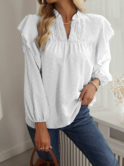 White ruffled lantern sleeve lace panel shirt top