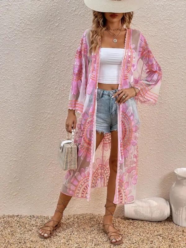 Pink lace cardigan cover-up with floral pattern