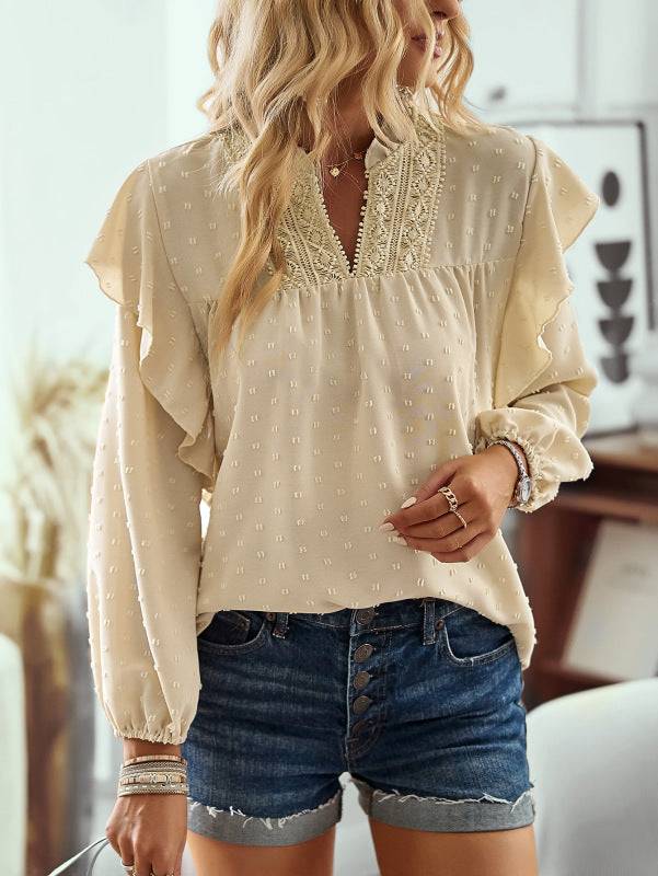 Cream ruffled lantern sleeve lace panel shirt top