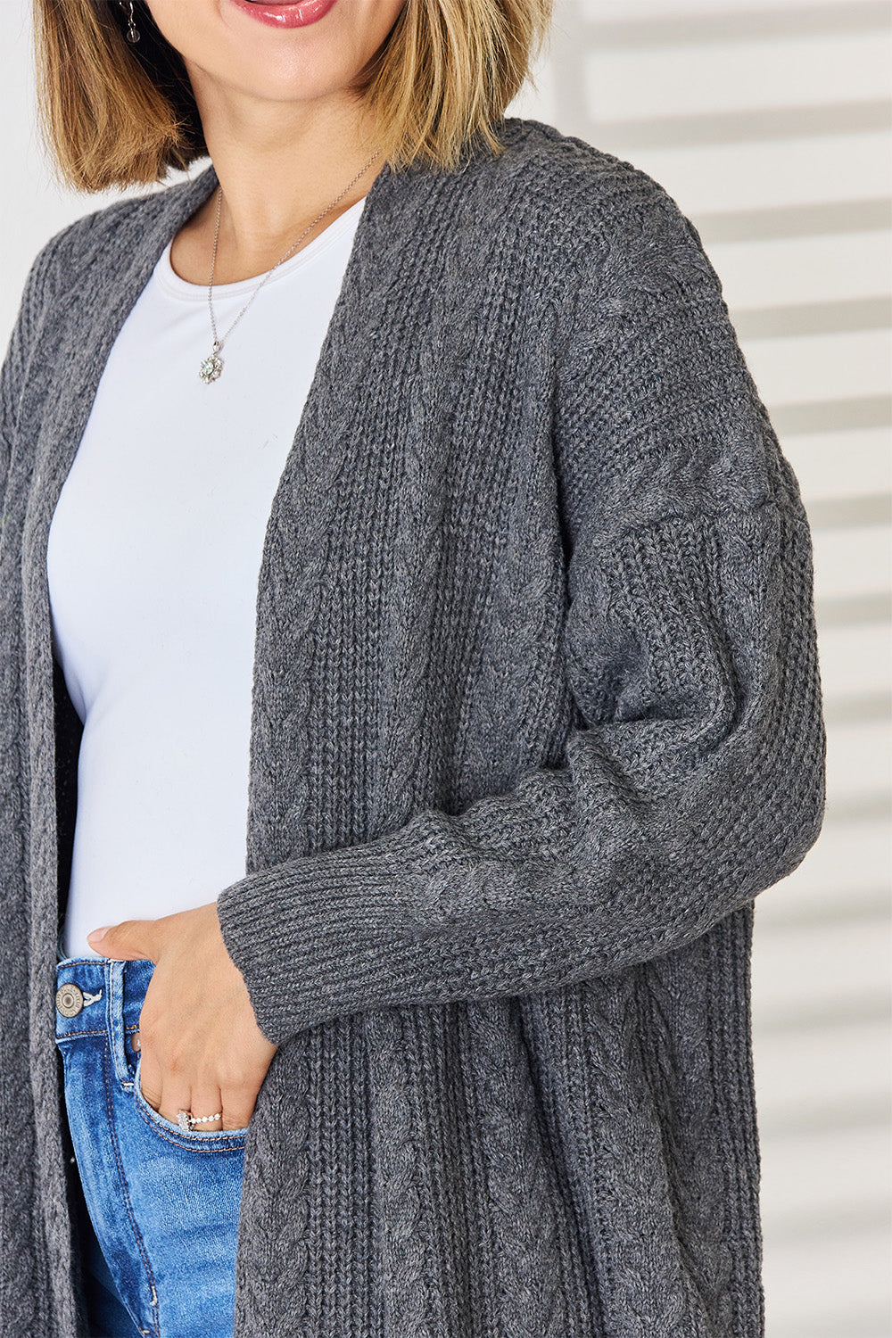 Cable-Knit Open Front Dropped Shoulder Cardigan