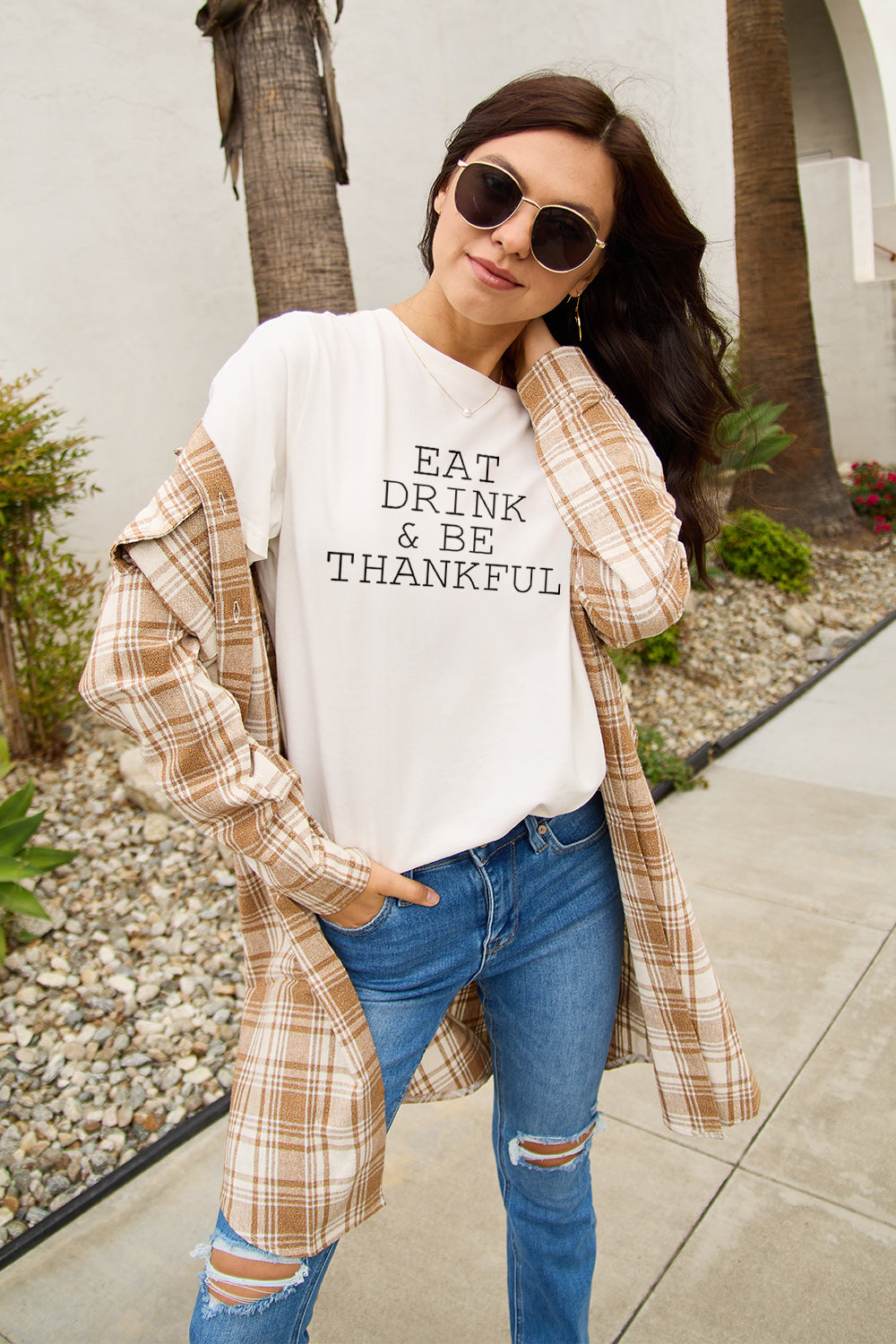 Simply Love Full Size EAT DRINK &amp; BE THANKFUL Round Neck T-Shirt