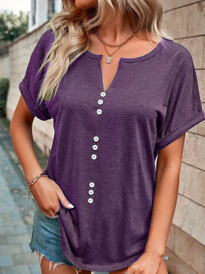 Full Size Decor Button Short Sleeve T-Shirt Plus Size