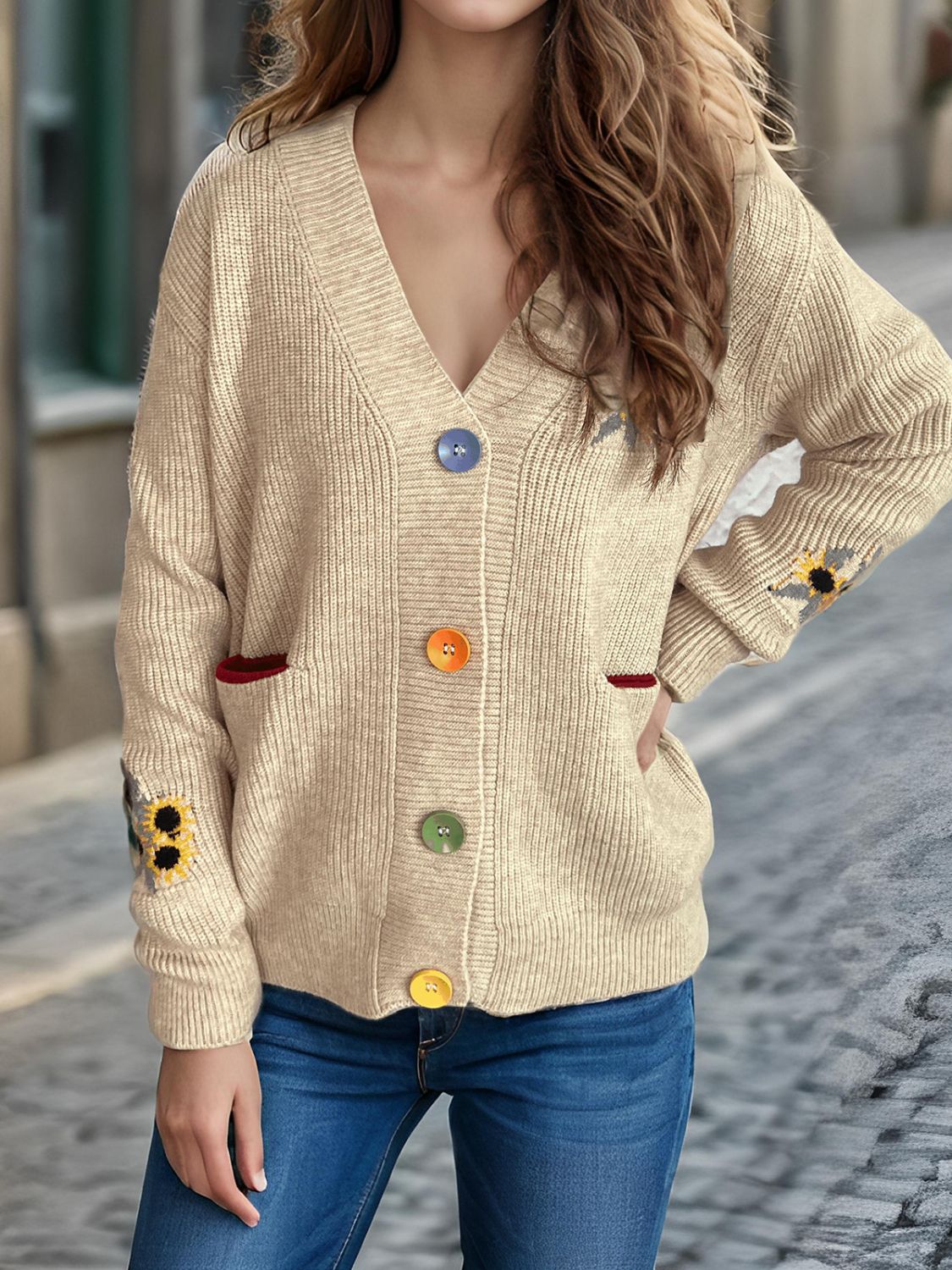 Contrast Button V-Neck Long Sleeve Cardigan