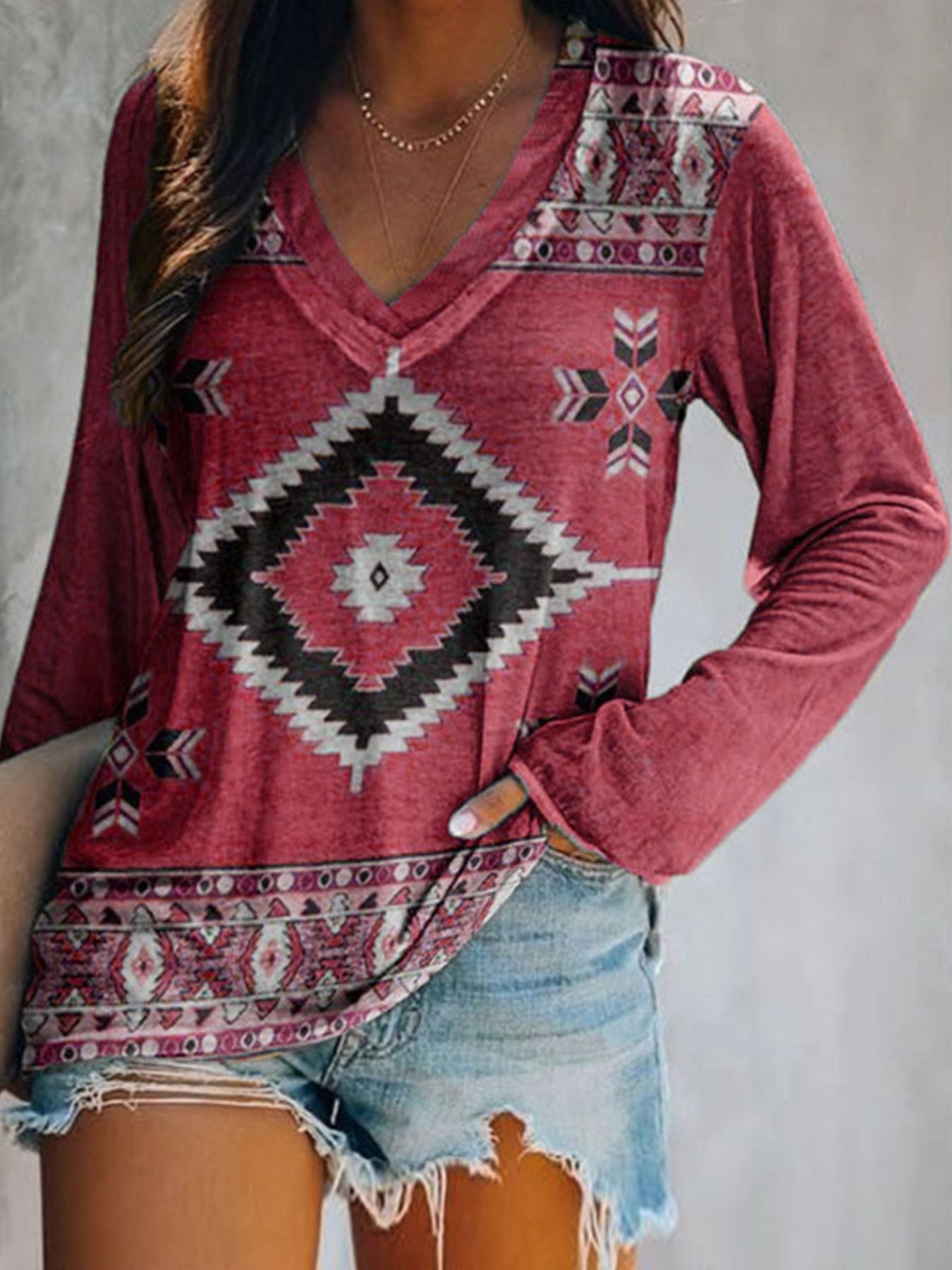 Full Size Geometric V-Neck Long Sleeve T-Shirt Plus Size