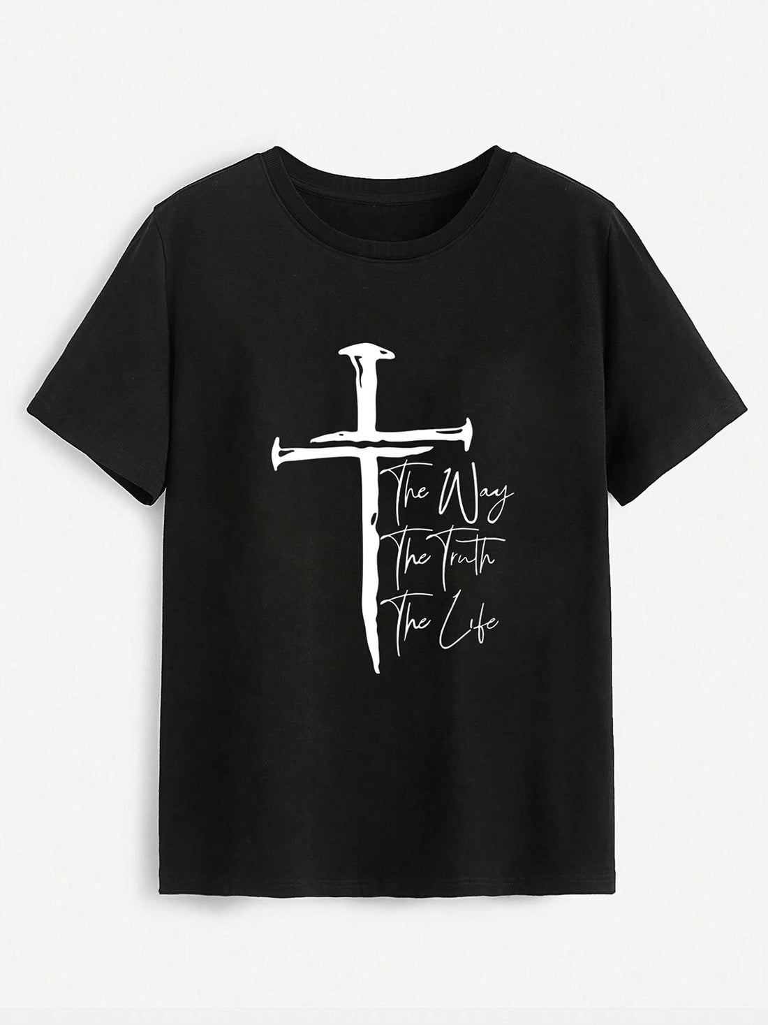 Black round neck t-shirt with cross graphic design