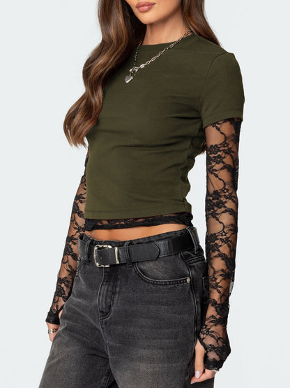 Lace Sleeve Fitted T-Shirt