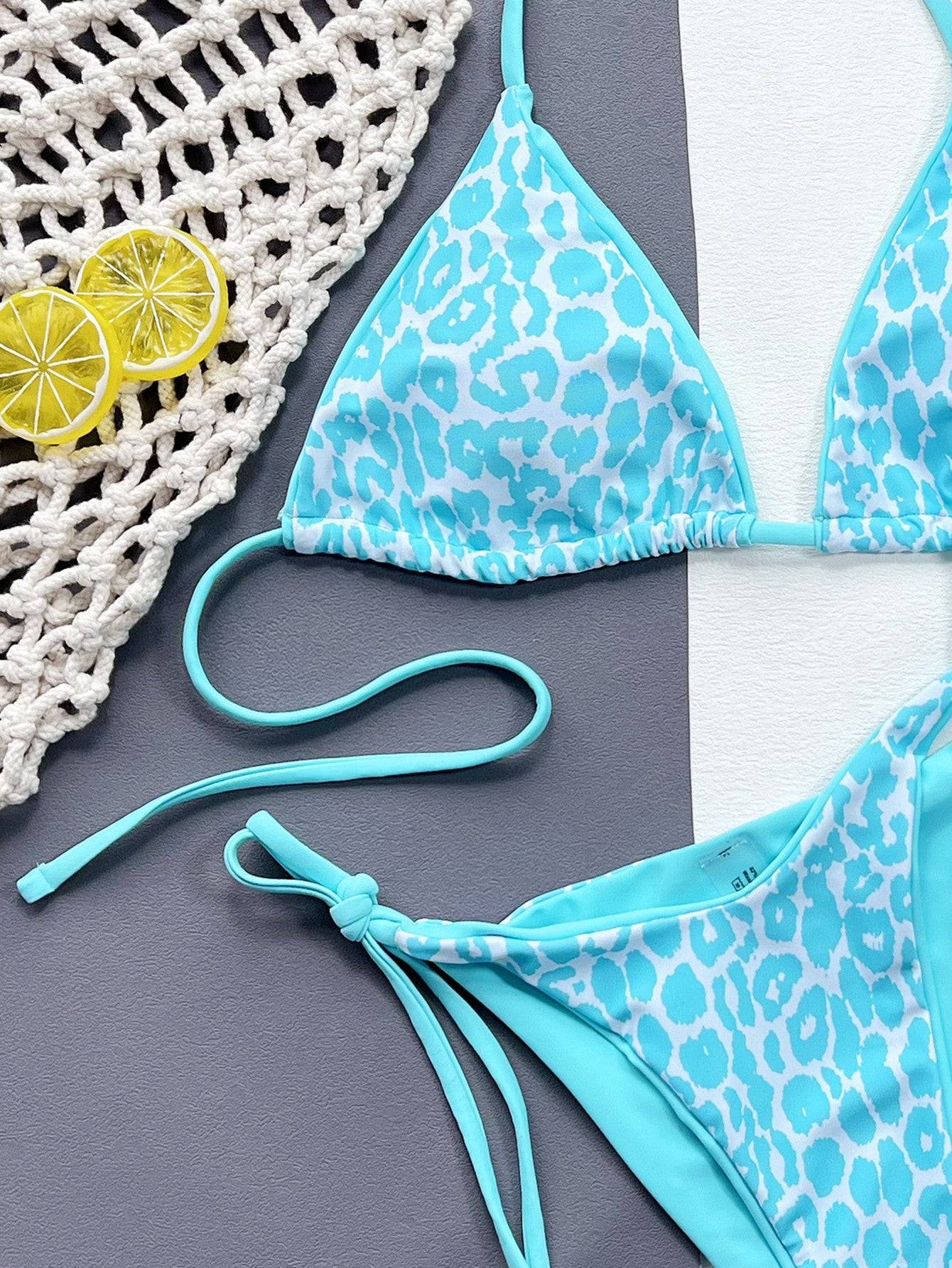 Reversible blue leopard print bikini set