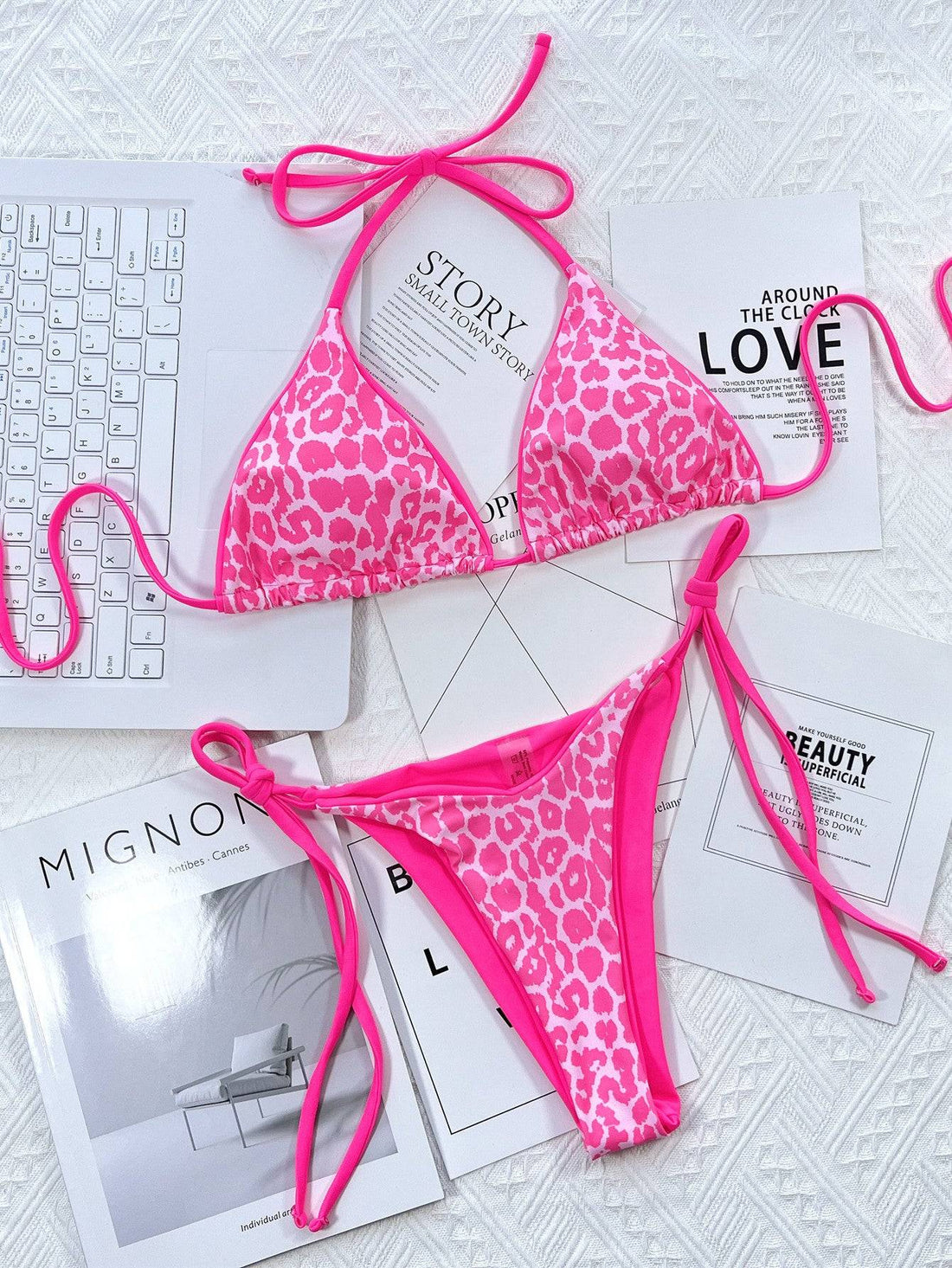 Pink leopard print bikini set with tie sides