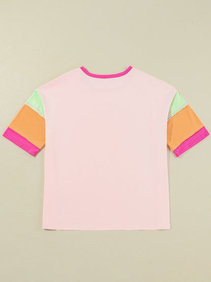 Letter Graphic Color Block Round Neck Half Sleeve T-Shirt