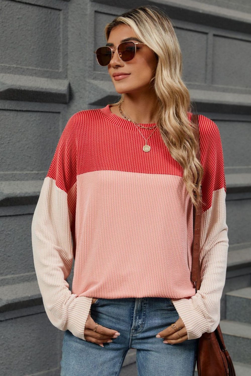 Double Take Contrast Round Neck Long Sleeve T-Shirt