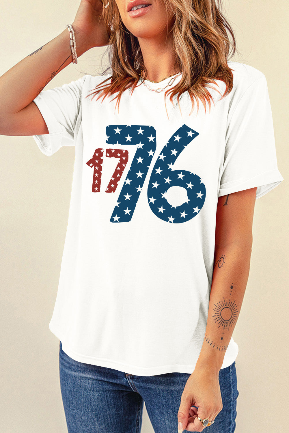 Model wearing 1776 round neck short sleeve t-shirt