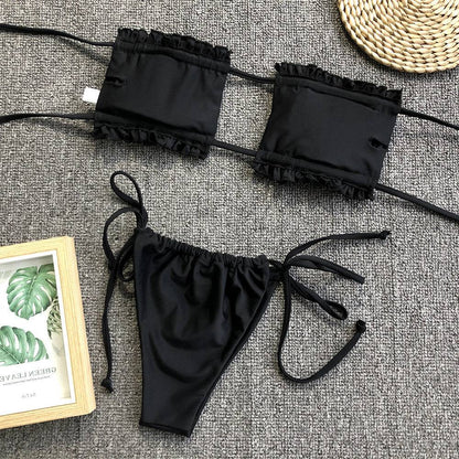 Black frill trim ruched bikini set flat lay