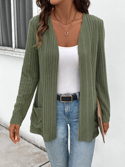 Pocketed Open Front Long Sleeve Cardigan