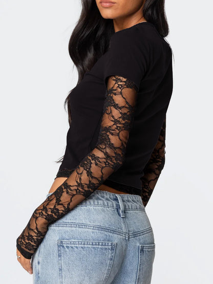 Lace Sleeve Fitted T-Shirt