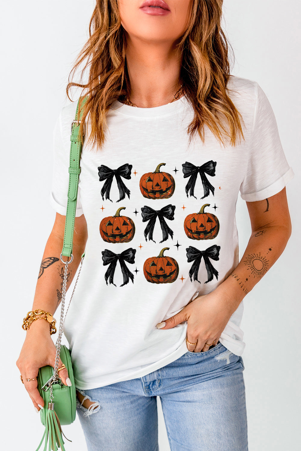 Pumpkin round neck short sleeve T-shirt with bow design