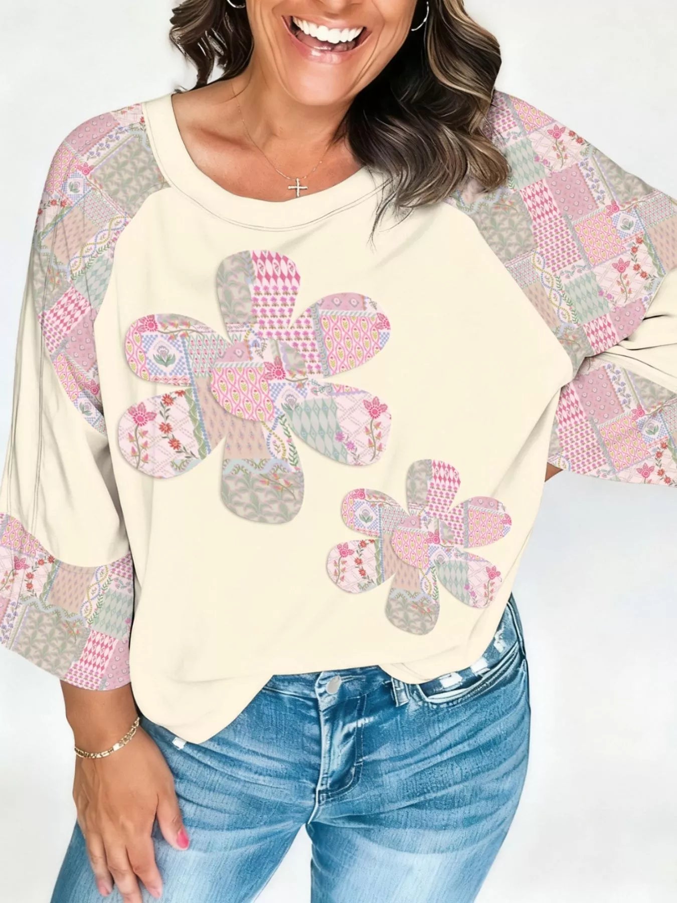 Color Block Retro Floral Patchwork Long Sleeve Top