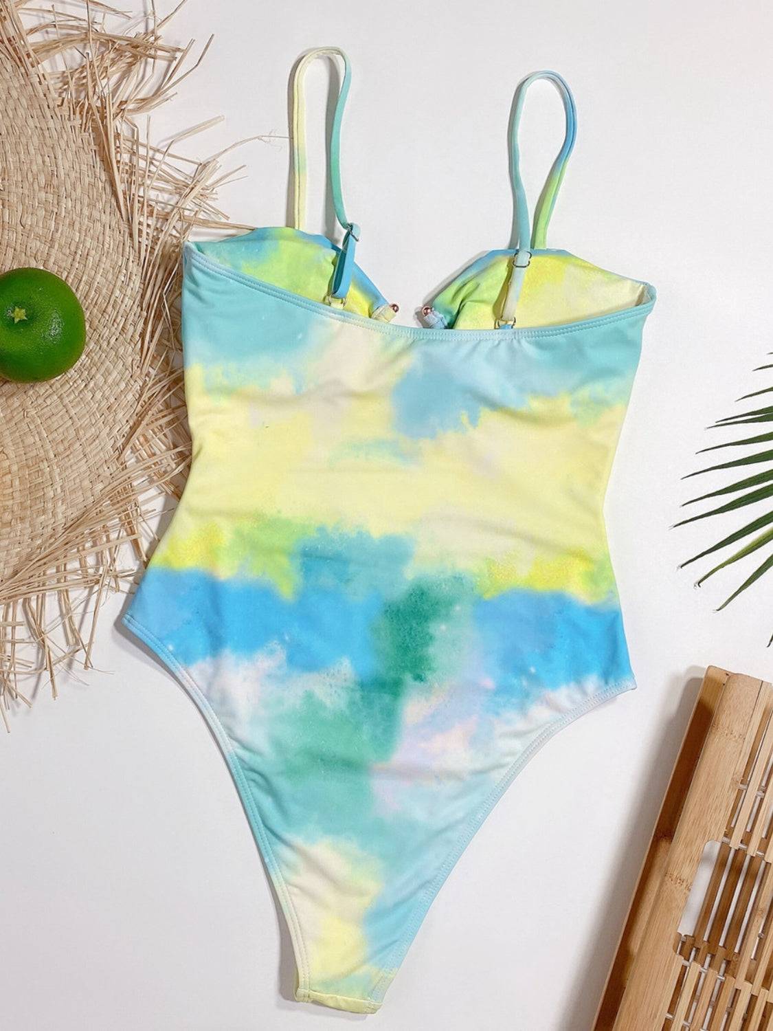 Back view of tie-dye one-piece swimwear