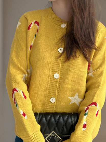 Candy Cane &amp; Star Button Down Long Sleeve Cardigan