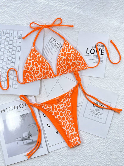 Reversible orange leopard print bikini set