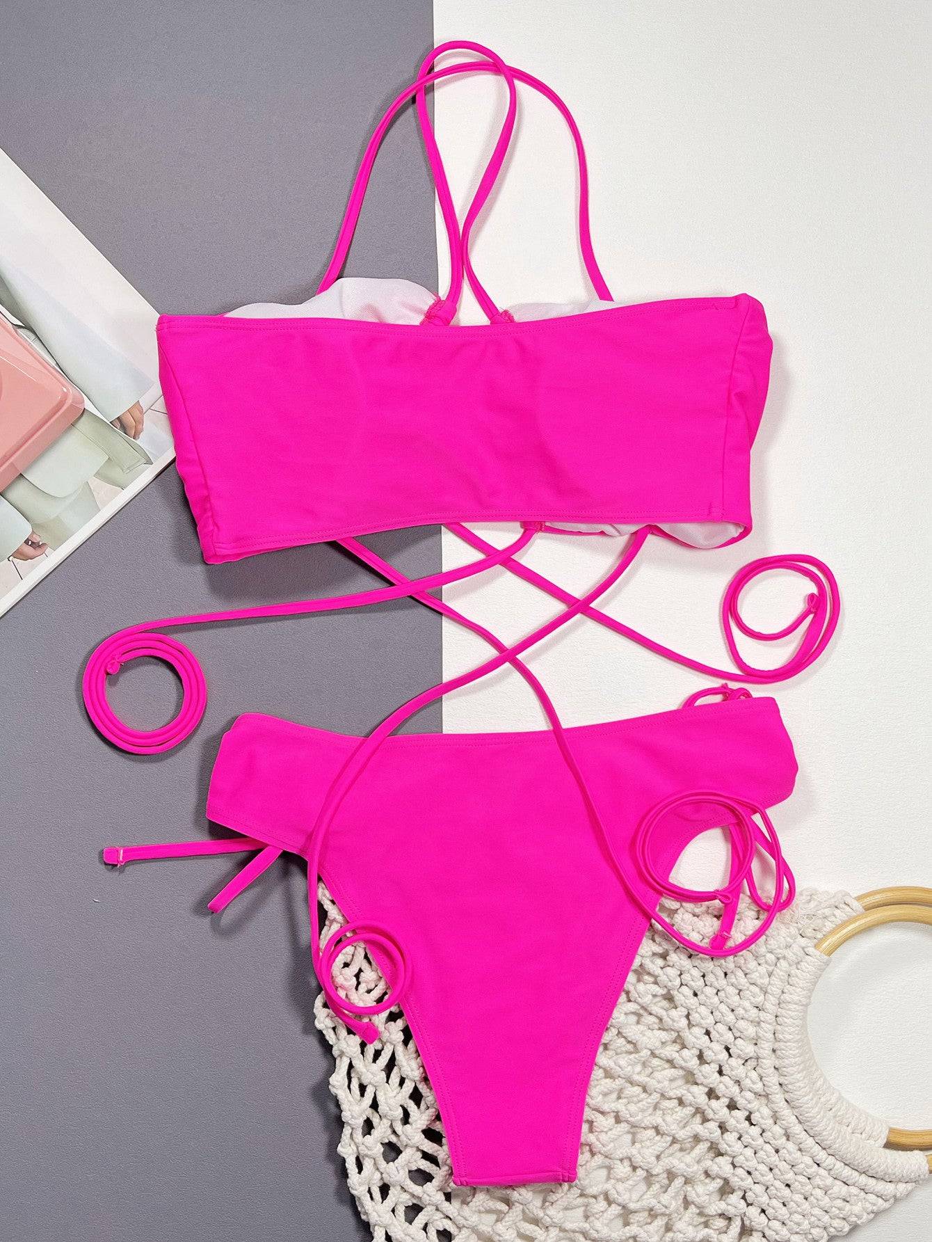 Back view of pink halter neck bikini set