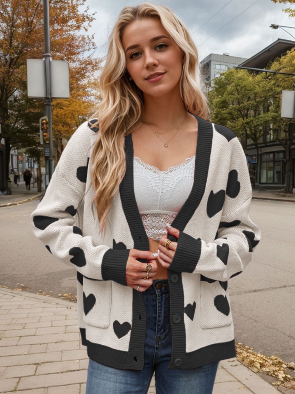 Heart Button Up Dropped Shoulder Long Sleeve Cardigan