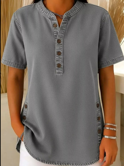 Full Size Button Detail Short Sleeve Blouse Plus Size