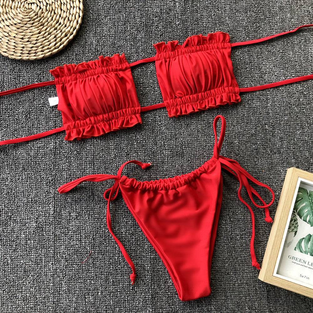 Red frill trim ruched bikini set laid flat